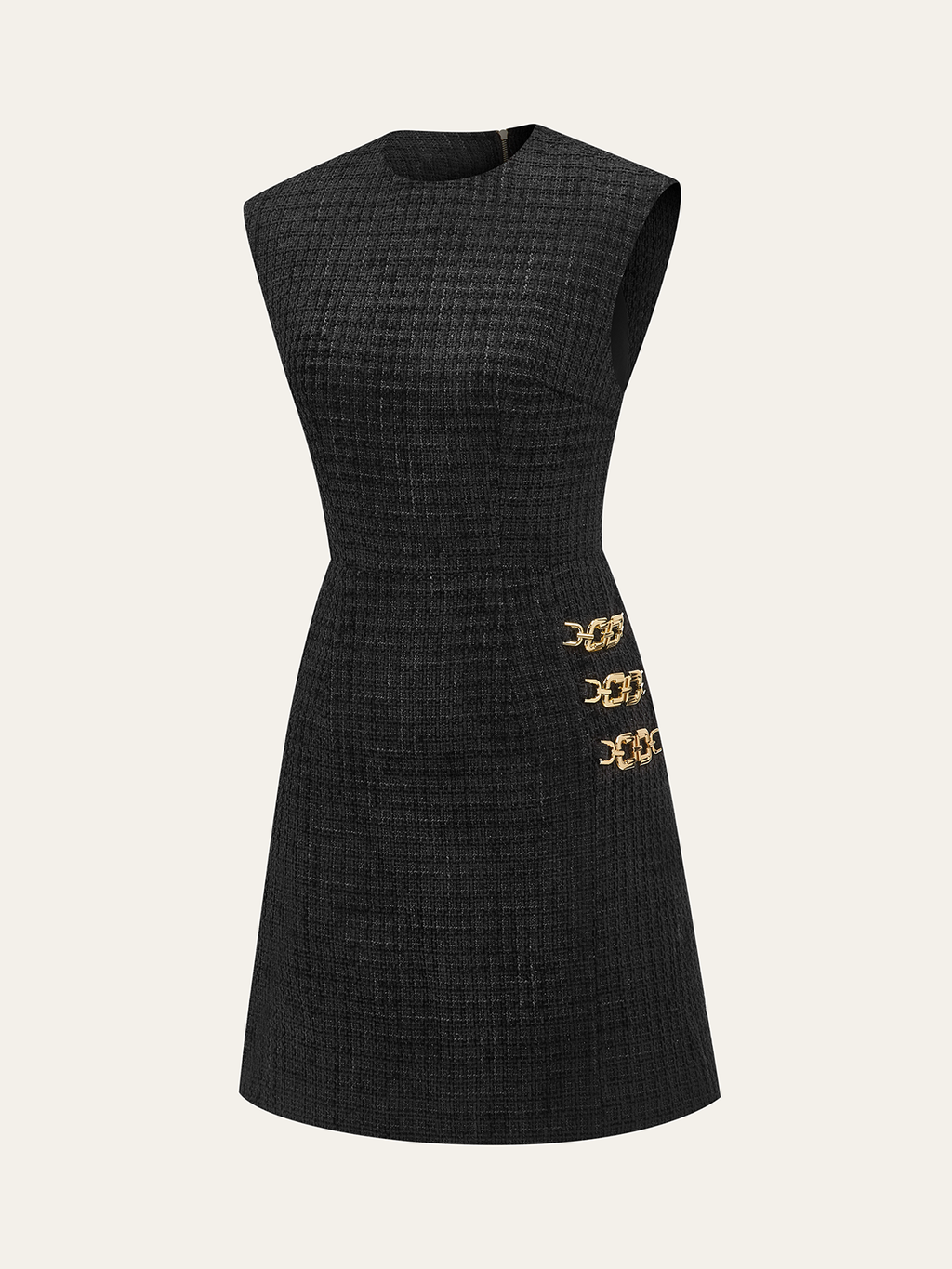 Tweed Mini Dress with Chain Accents Sleeveless