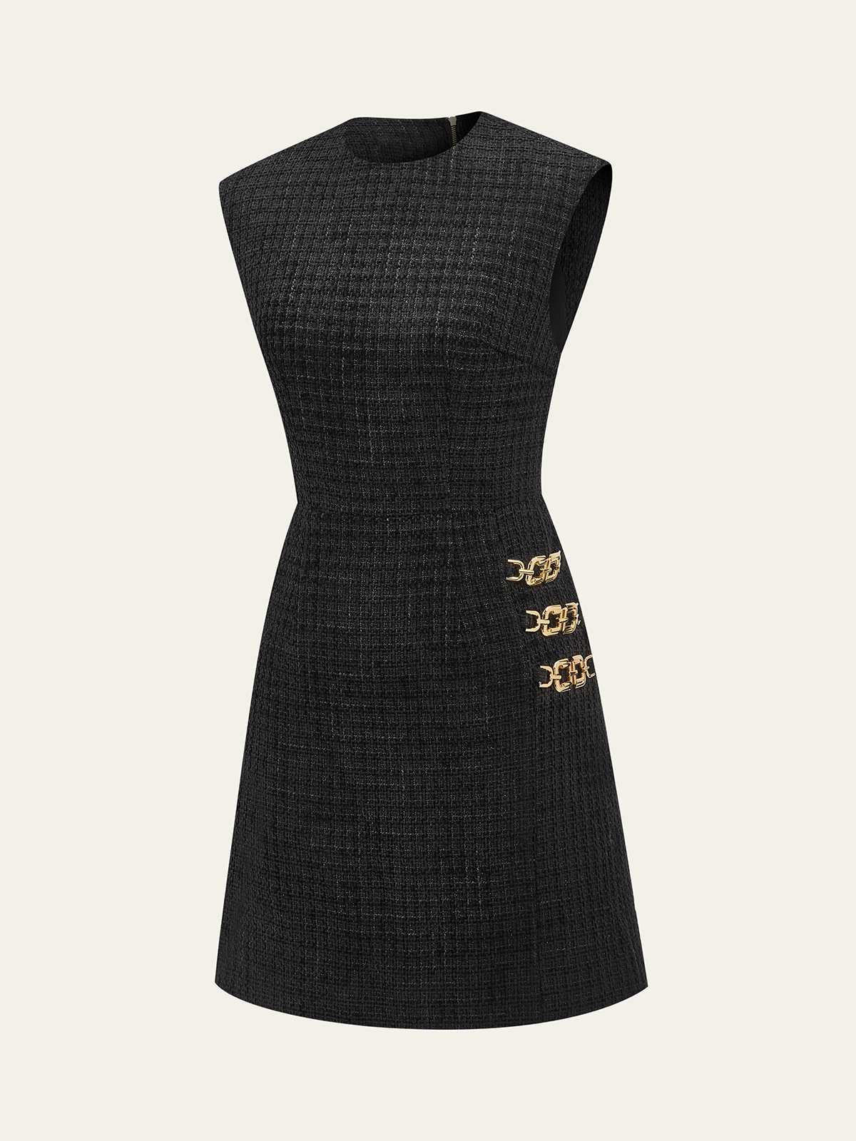 Tweed Mini Dress with Chain Accents Sleeveless