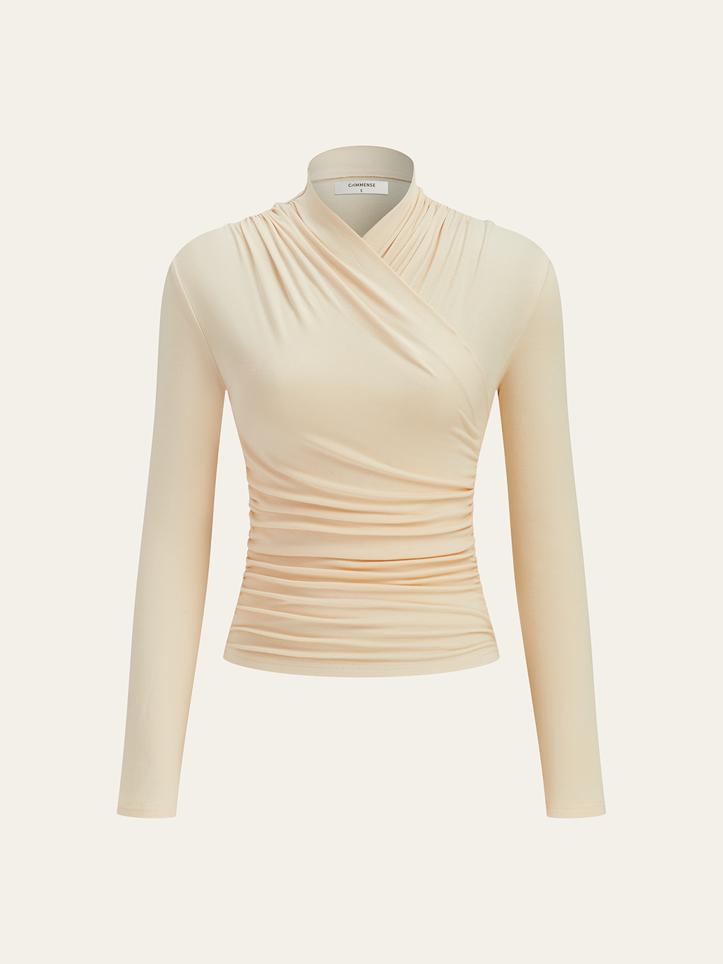 Pleated Cinched T-Shirt with Cross-Over Collar Design