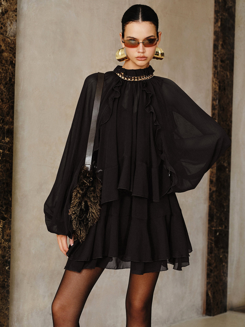 Tiered Ruffle Chiffon Mini Dress with Matching Liner