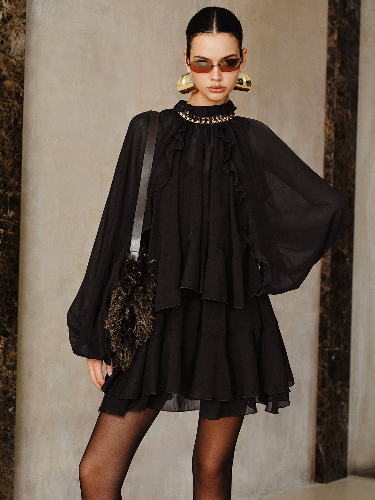 Tiered Ruffle Chiffon Mini Dress with Matching Liner