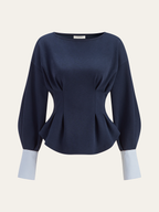 Balloon Sleeve Peplum Sweatshirt with Round Neck