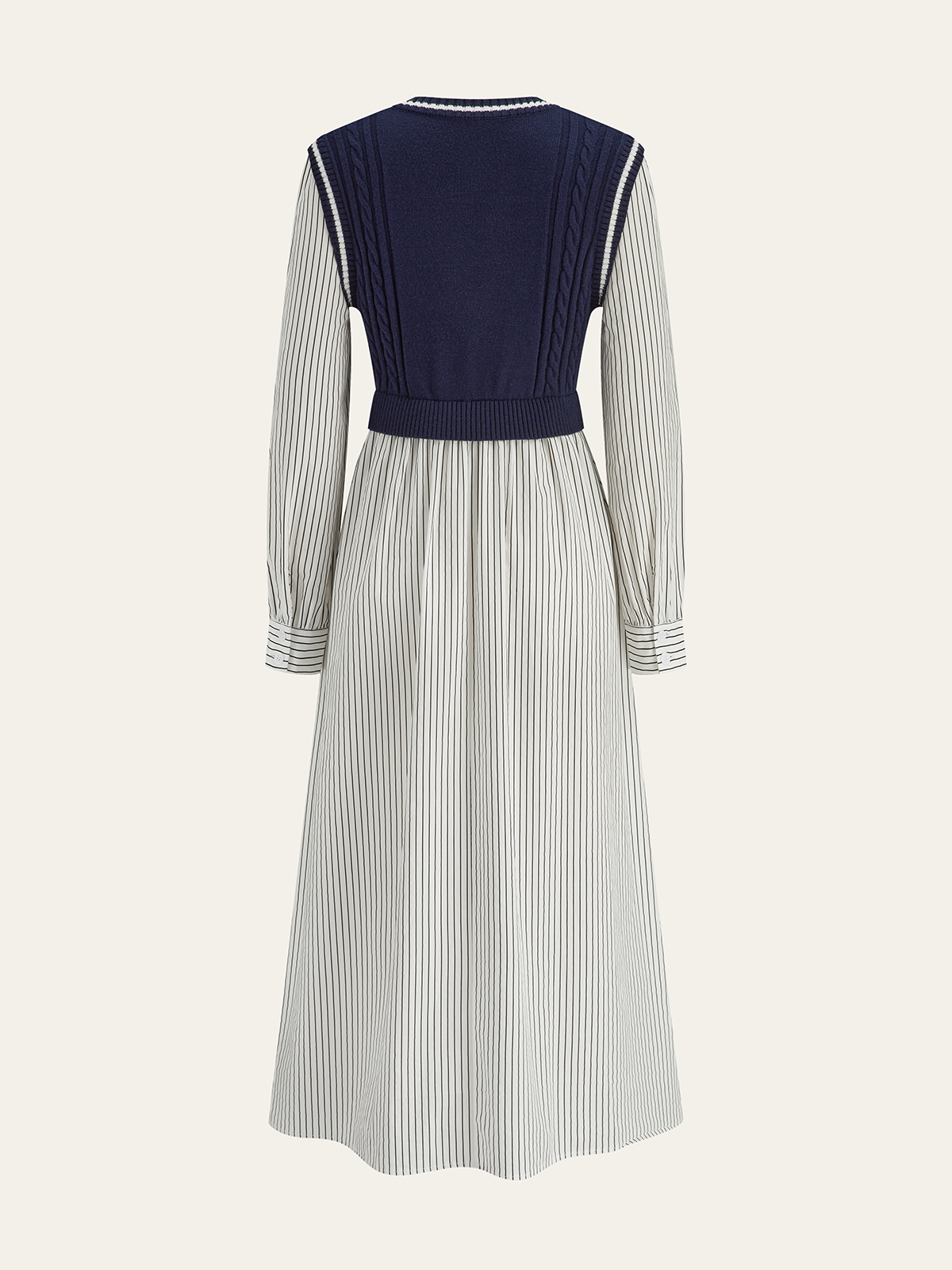 Dual-Style Cable-Knit and Striped Panel Midi Dress