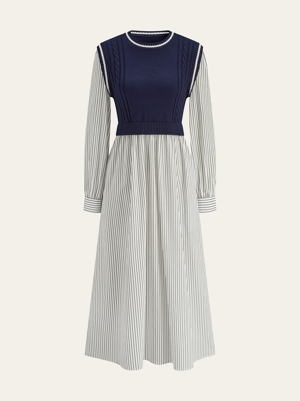 Dual-Style Cable-Knit and Striped Panel Midi Dress