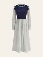 Dual-Style Cable-Knit and Striped Panel Midi Dress