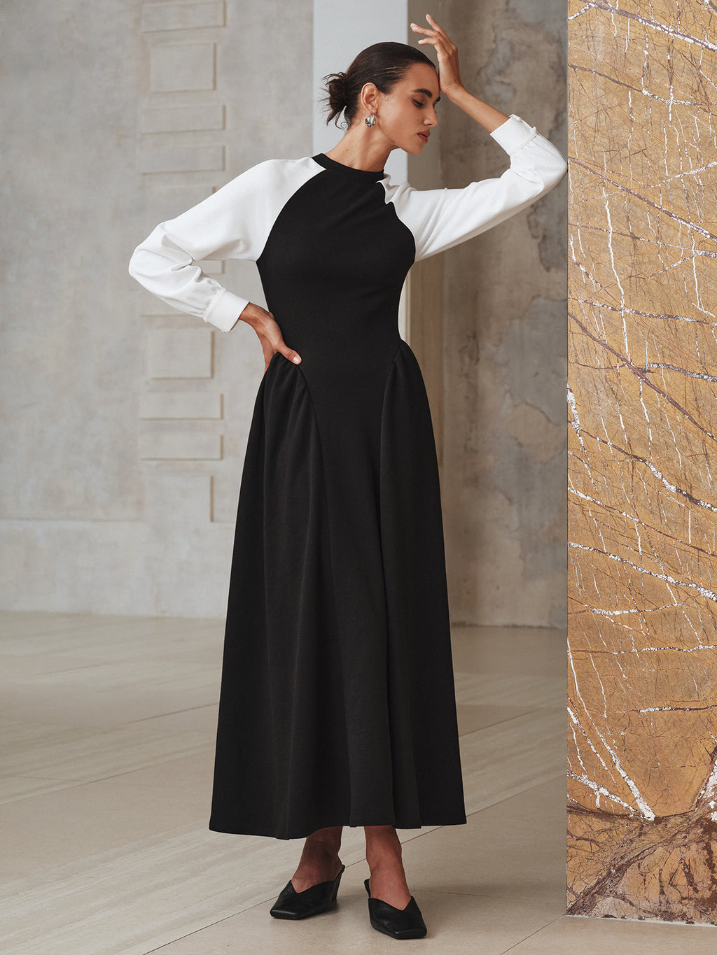 Pleated Midi Dress with Contrasting Sleeves