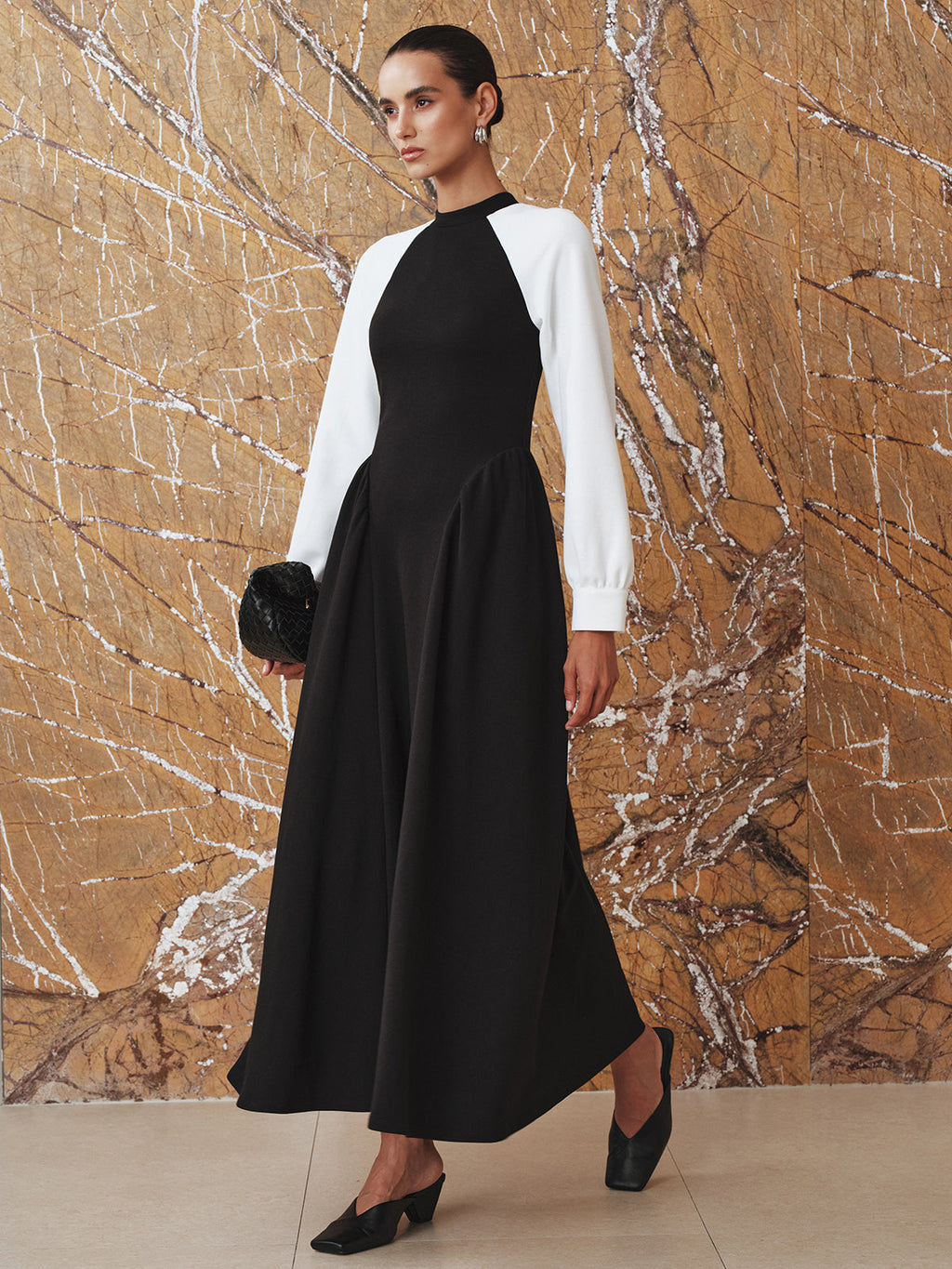 Pleated Midi Dress with Contrasting Sleeves