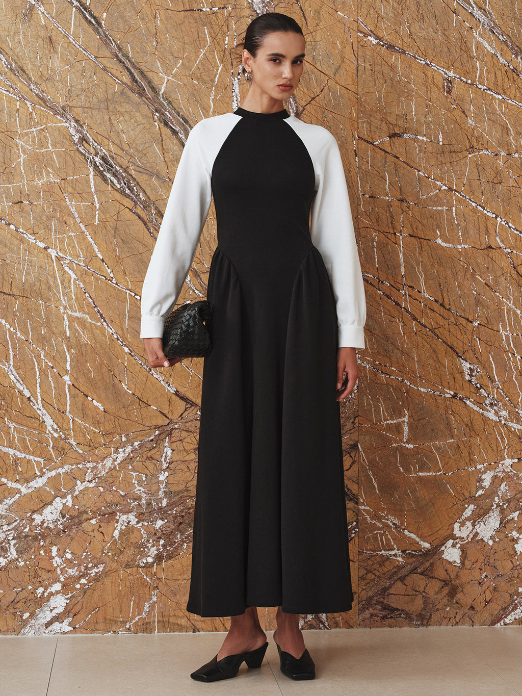 Pleated Midi Dress with Contrasting Sleeves