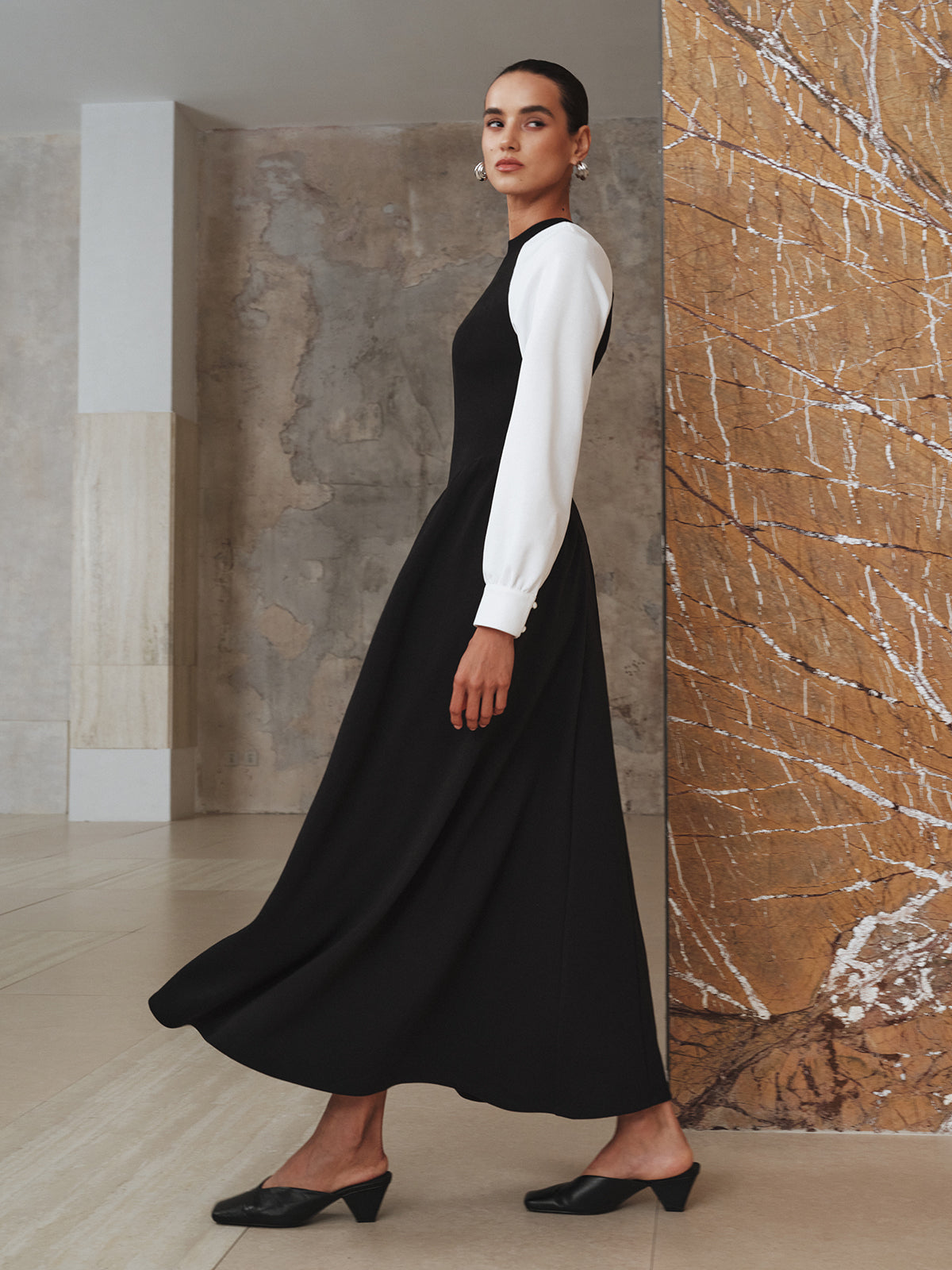 Pleated Midi Dress with Contrasting Sleeves