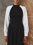 Pleated Midi Dress with Contrasting Sleeves