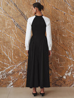 Pleated Midi Dress with Contrasting Sleeves