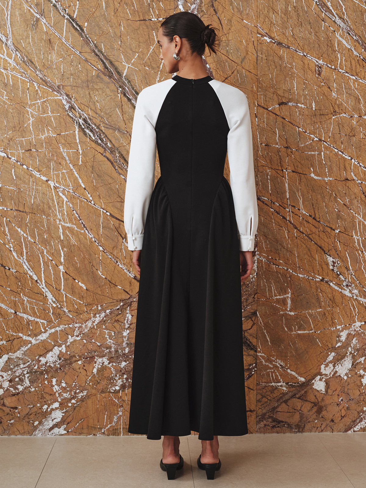 Pleated Midi Dress with Contrasting Sleeves