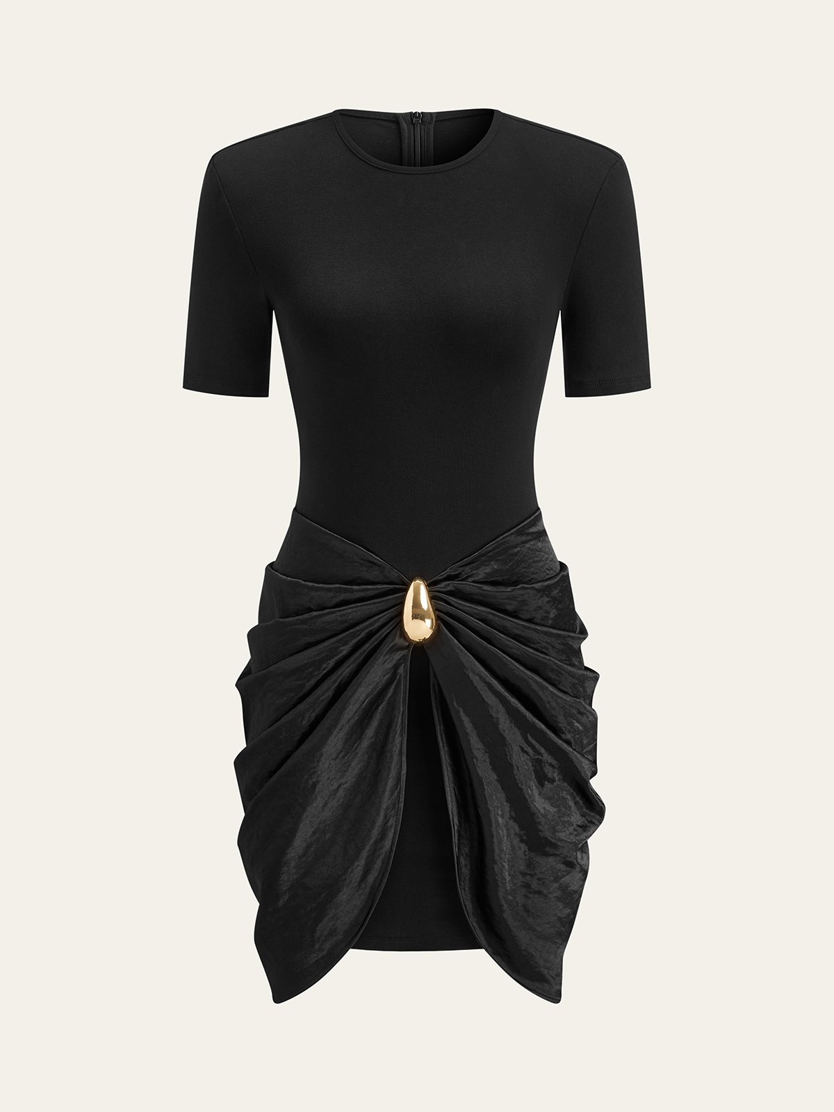 Short Sleeve Dress with Ruched Design and Metal Buckle