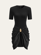 Short Sleeve Dress with Ruched Detail and Metal Buckle