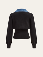 Denim-Trim Cardigan with Metal Buttons
