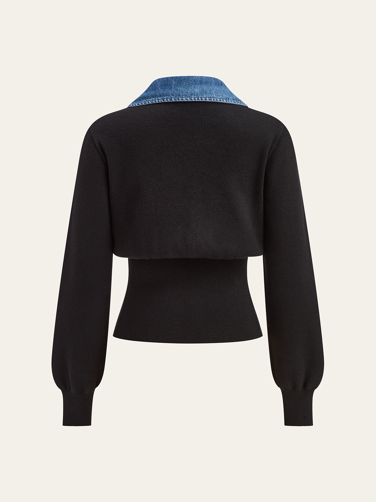 Denim-Trim Cardigan with Metal Buttons