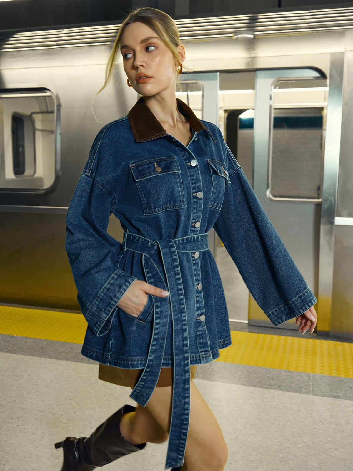 Denim Jacket with Lapel and Belt Closure