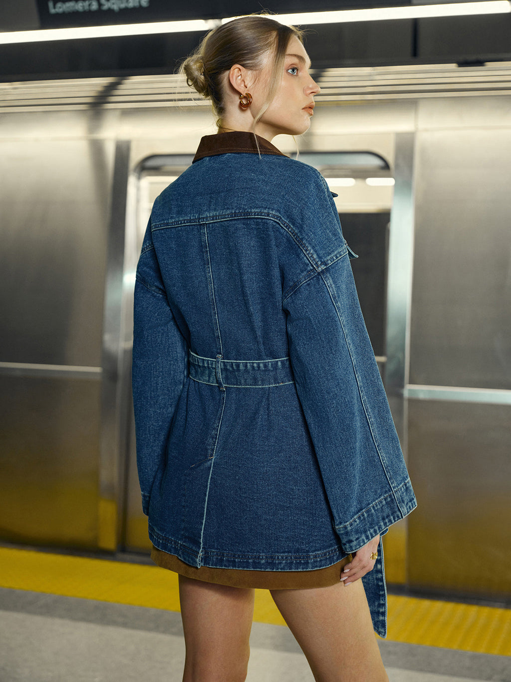 Denim Jacket with Lapel and Belt Closure