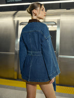 Denim Jacket with Lapel and Belt Closure