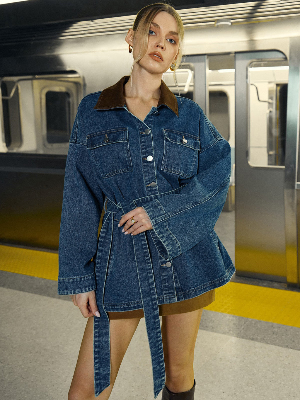 Denim Jacket with Lapel and Belt Closure