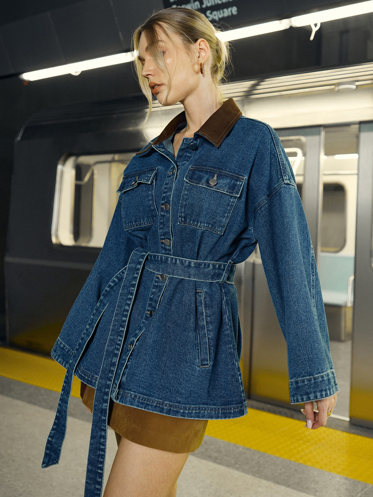 Denim Jacket with Lapel and Belt Closure