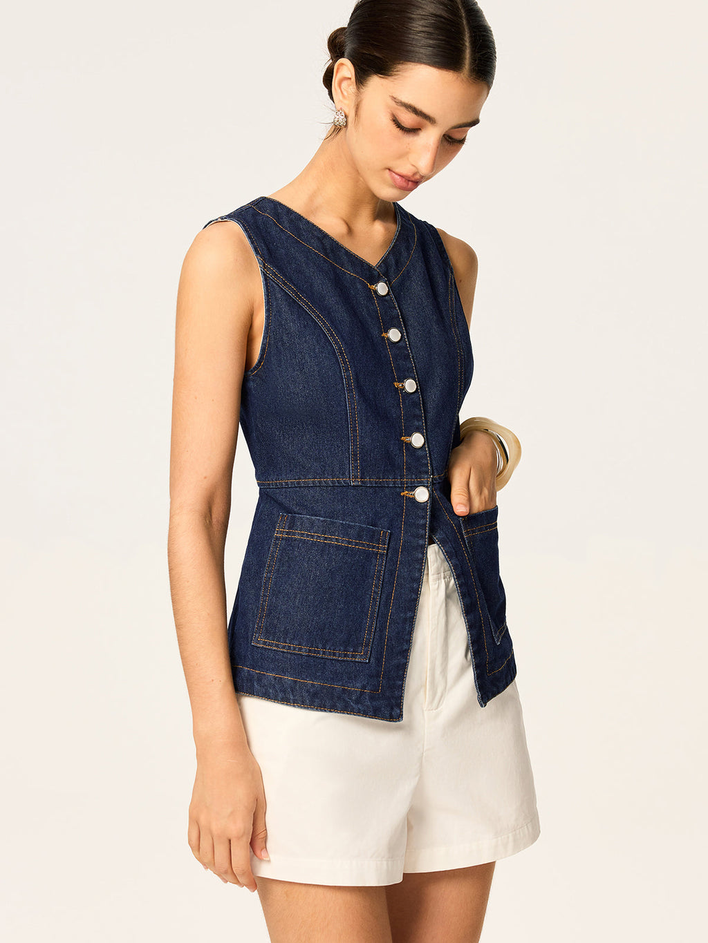 Sleeveless Denim Vest with Slim Button Detail
