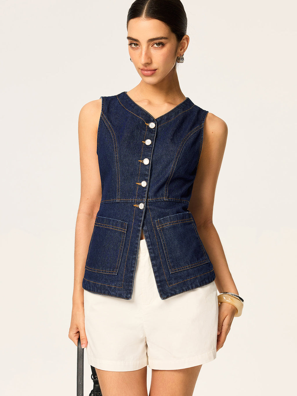 Sleeveless Denim Vest with Slim Button Detail