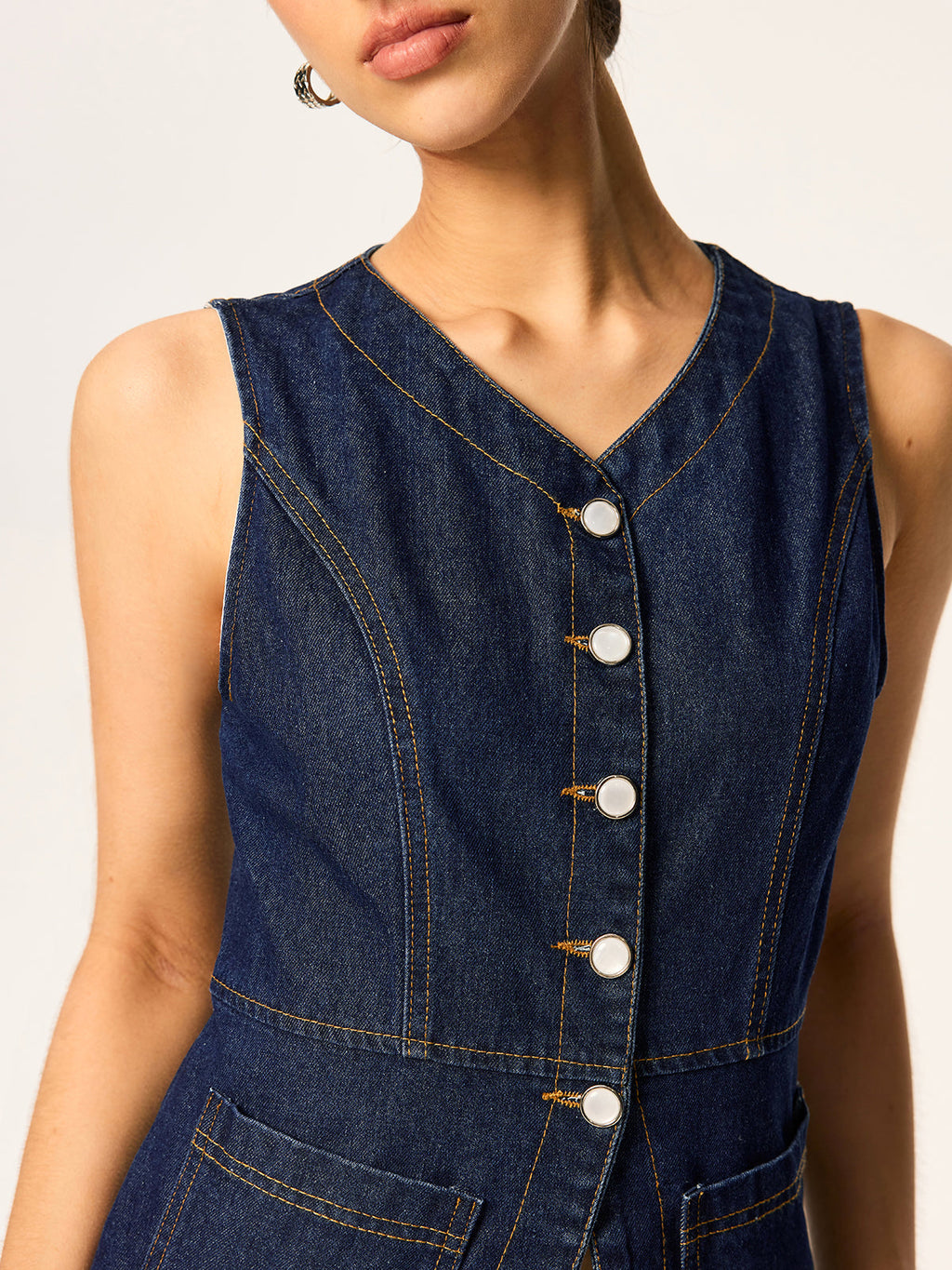 Sleeveless Denim Vest with Slim Button Detail