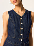 Sleeveless Denim Vest with Slim Button Detail