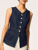 Sleeveless Denim Vest with Slim Button Detail