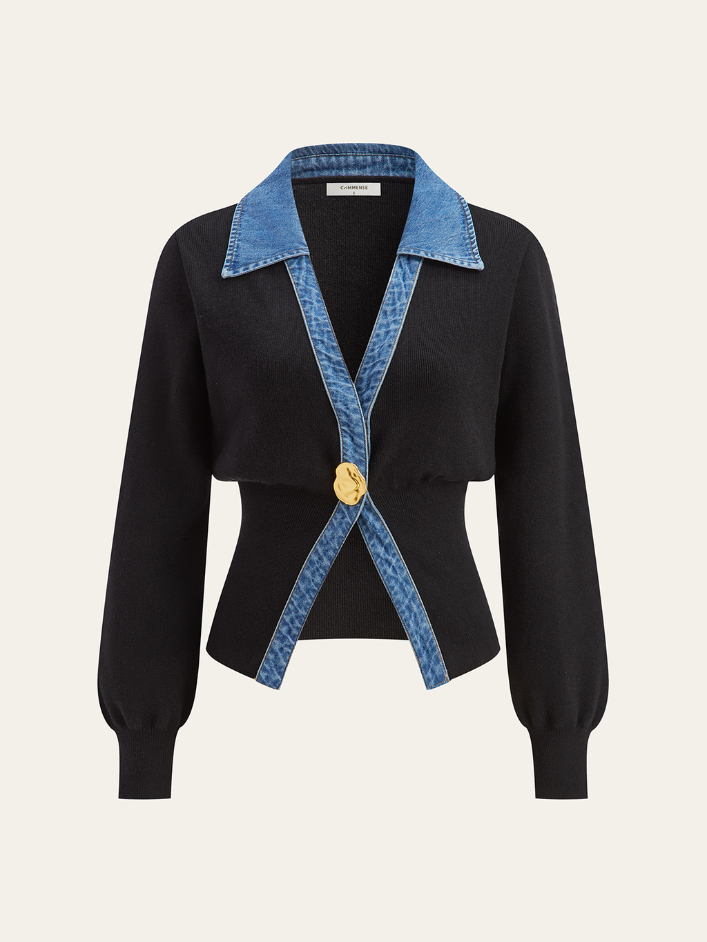Denim-Trim Cardigan with Metal Buttons