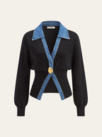 Denim-Trim Cardigan with Metal Buttons