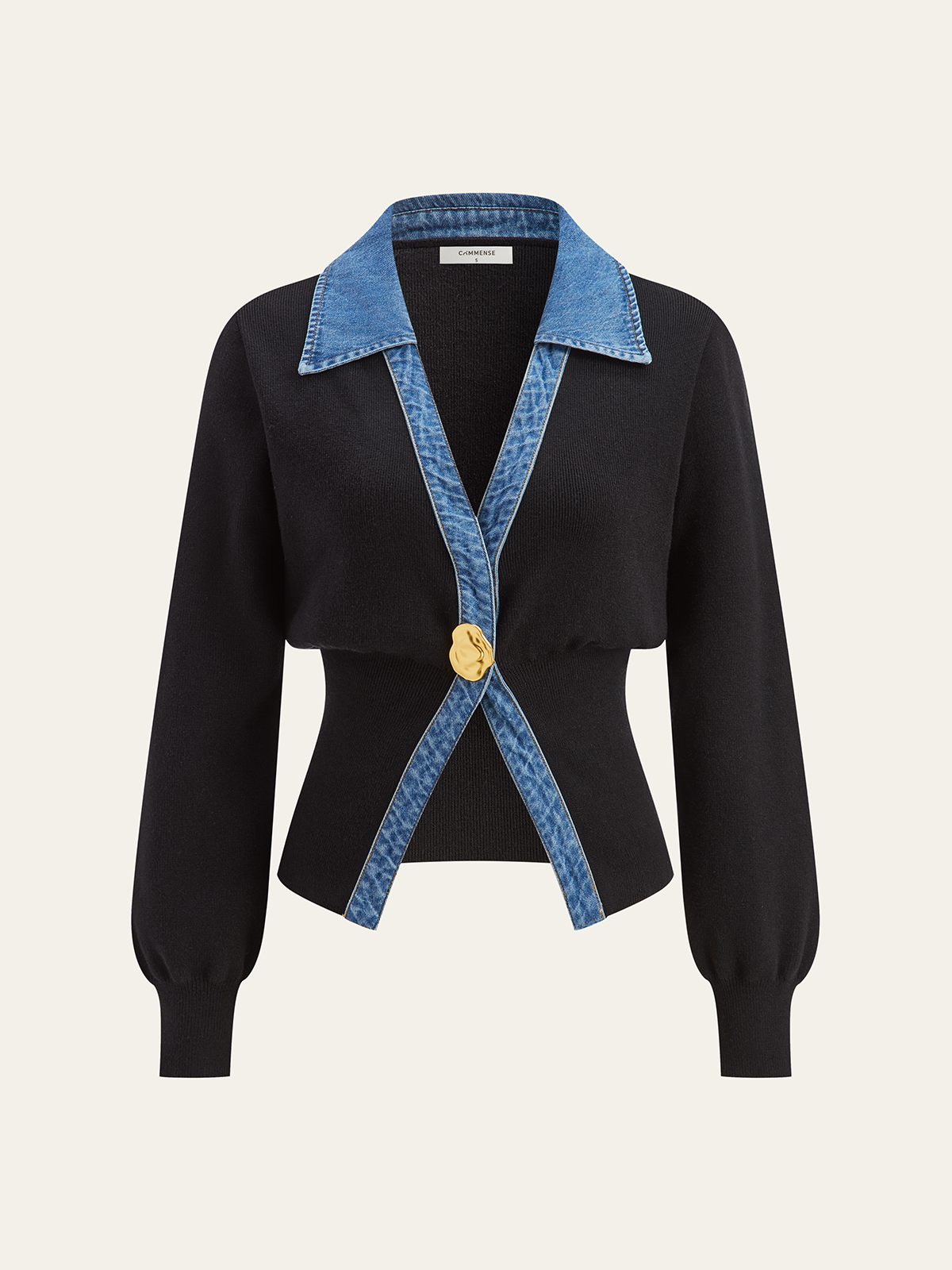 Denim-Trim Cardigan with Metal Buttons