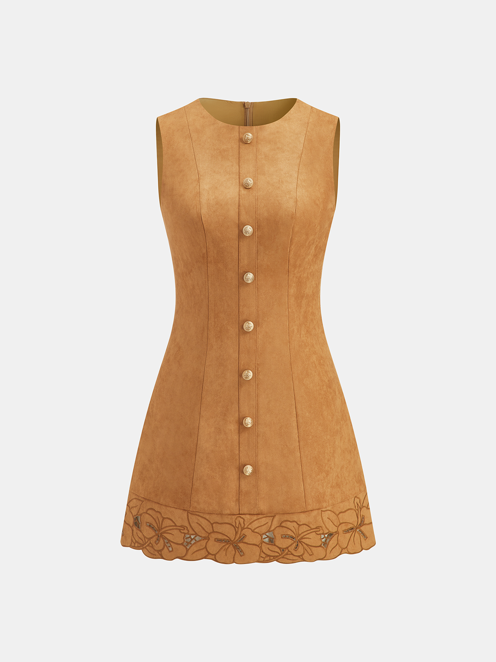 Floral Embroidered Suede Mini Dress, Sleeveless Style
