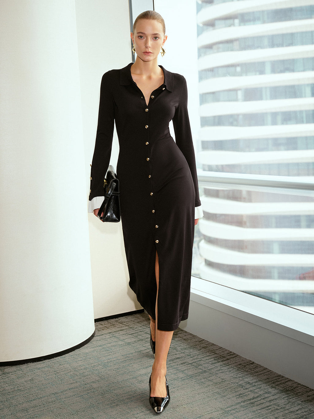 Contrast Cuff Shirt Dress with Metal Buttons