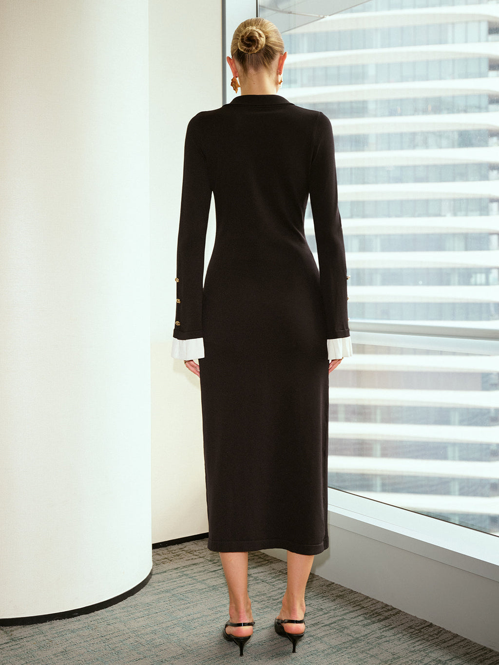 Contrast Cuff Shirt Dress with Metal Buttons