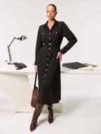Belted Metal Button Shirt Dress with Front Closure