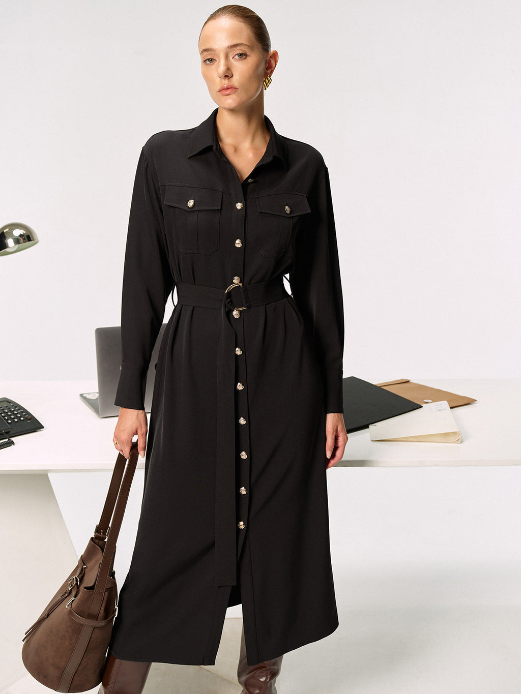 Belted Metal Button Shirt Dress with Front Closure