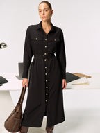 Belted Metal Button Shirt Dress with Front Closure