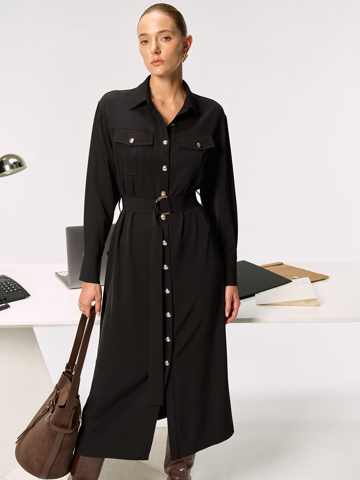Belted Metal Button Shirt Dress with Front Closure