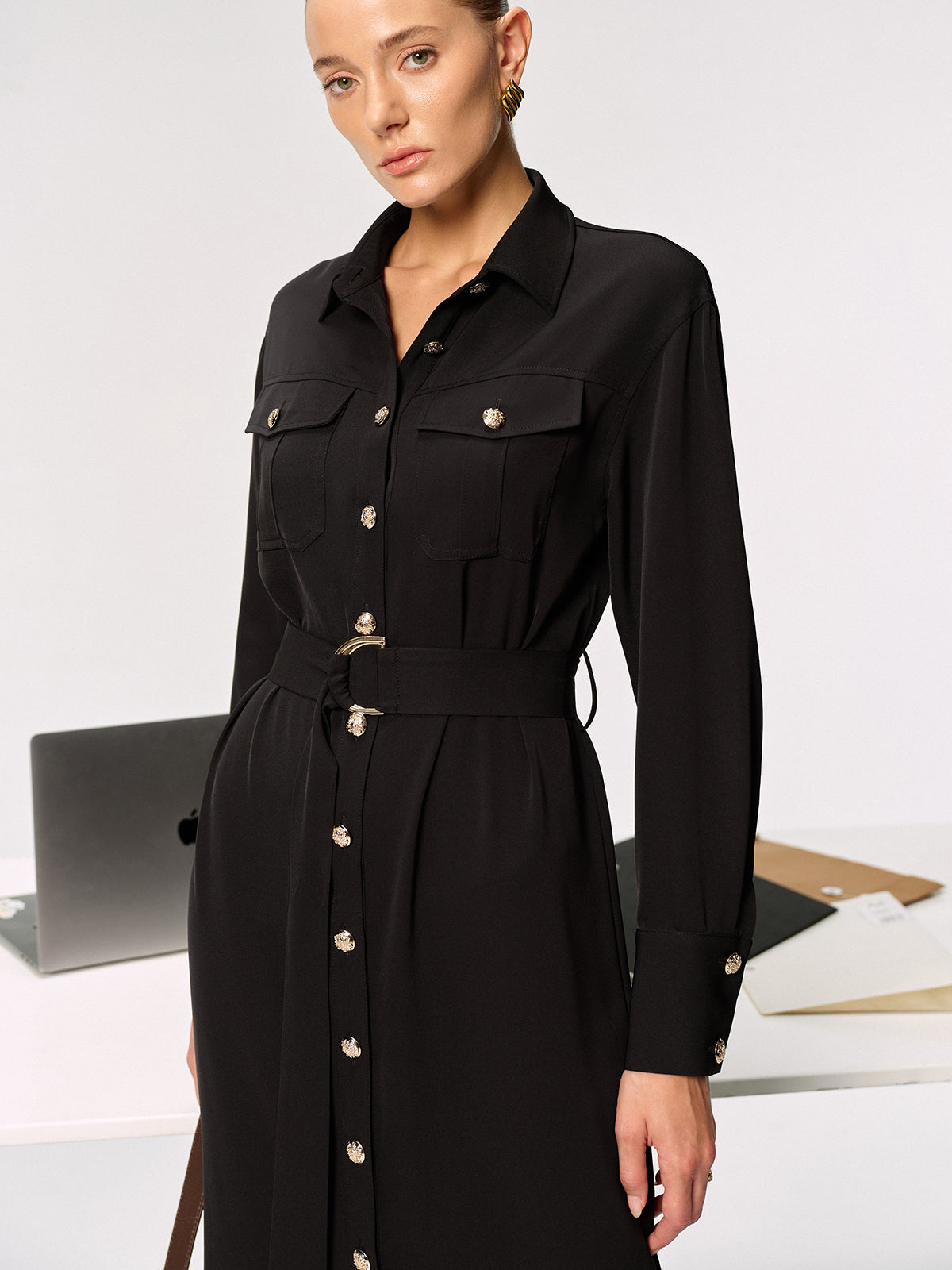 Belted Metal Button Shirt Dress with Front Closure