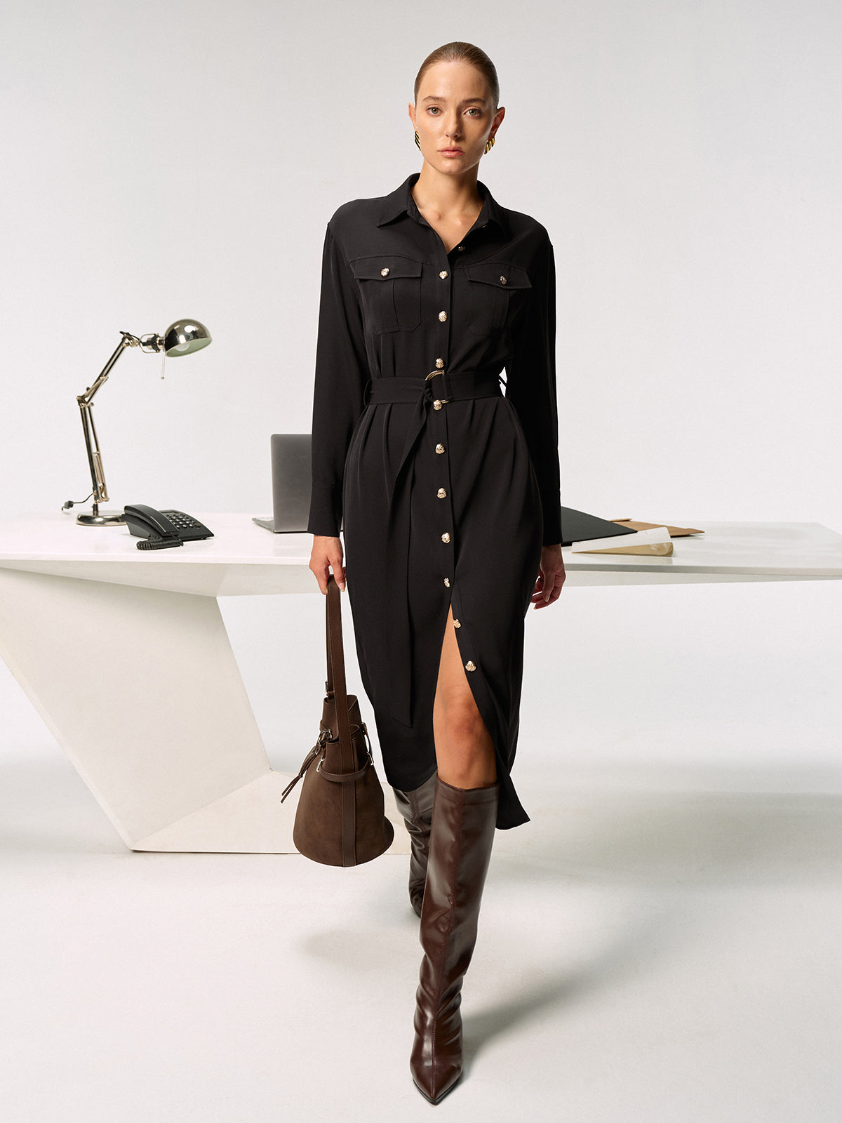 Belted Metal Button Shirt Dress with Front Closure