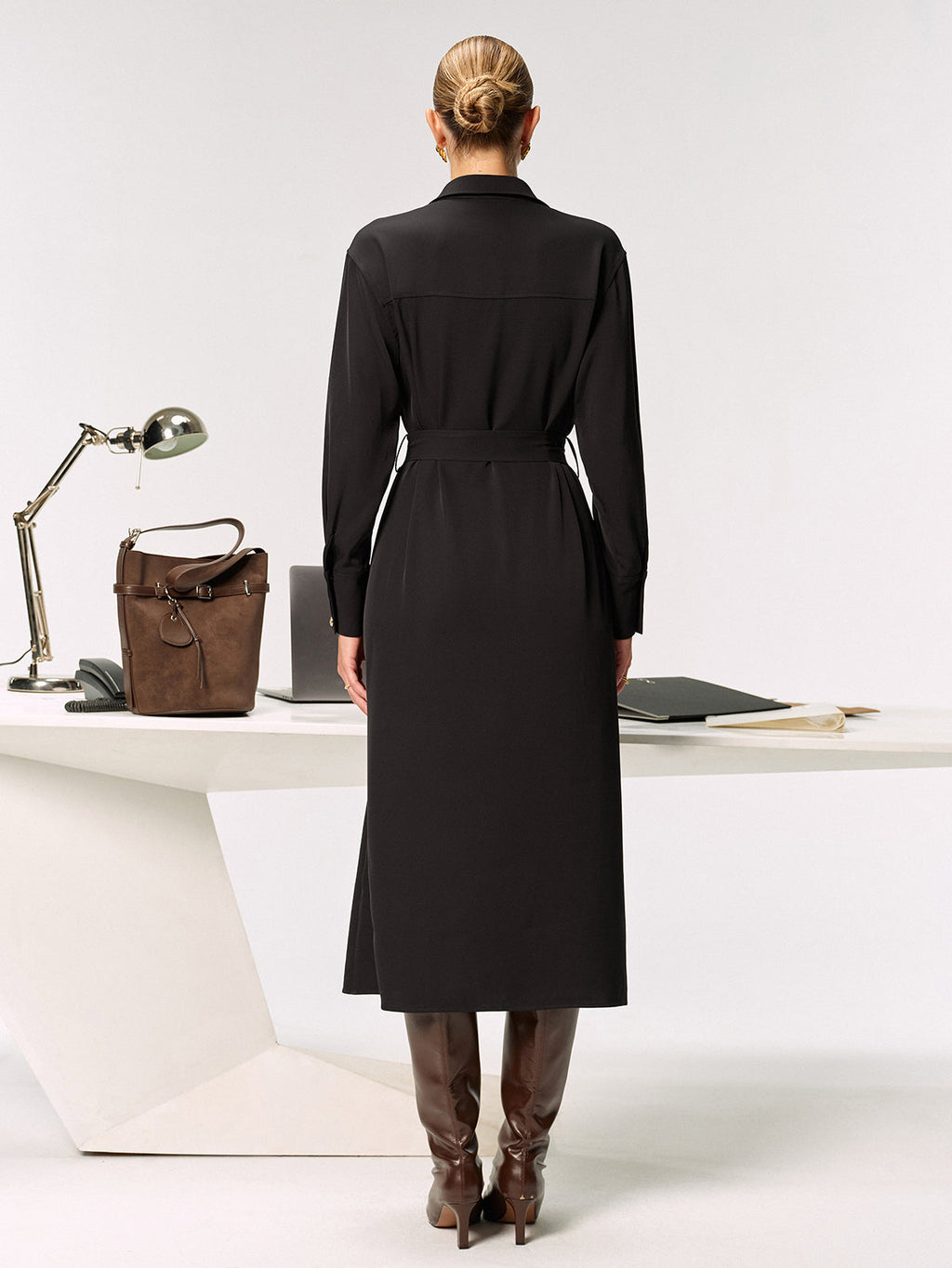 Belted Metal Button Shirt Dress with Front Closure