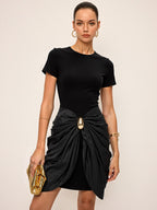 Short Sleeve Dress with Ruched Design and Metal Buckle