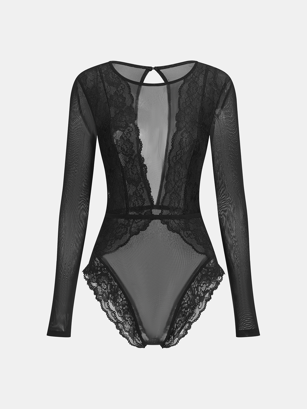 Long Sleeve Sheer Bodysuit with Lace and Mesh
