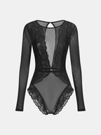 Long Sleeve Sheer Bodysuit with Lace and Mesh