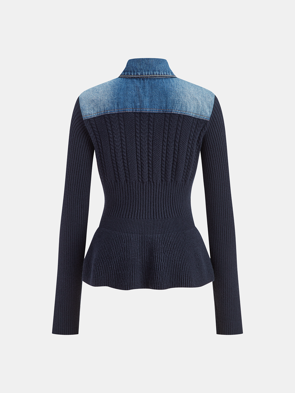 Denim Collar Peplum Cardigan with Cable Knit Detail