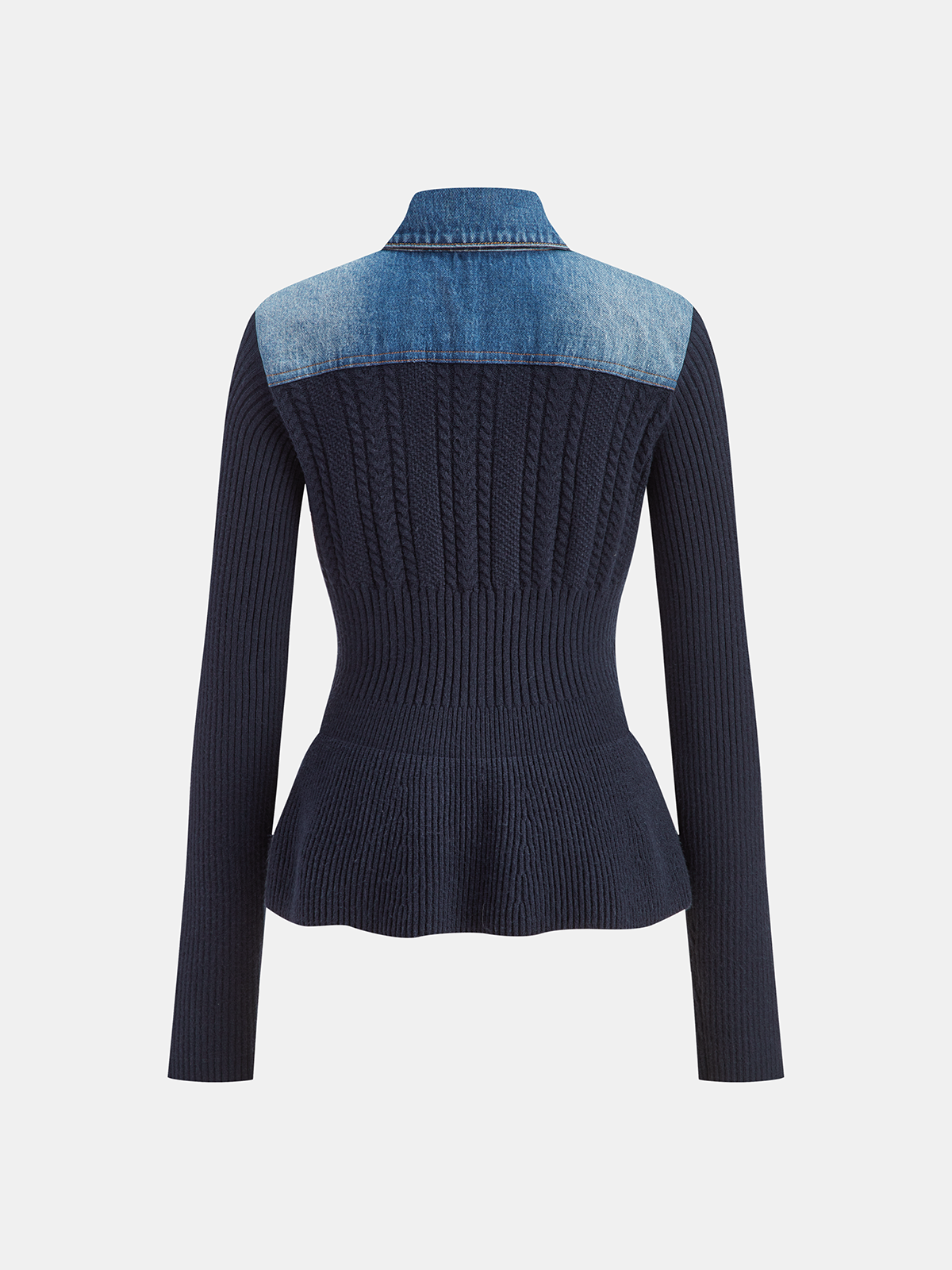 Denim Collar Peplum Cardigan with Cable Knit Detail