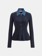 Denim Collar Peplum Cardigan with Cable Knit Detail
