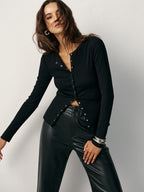 Snug Ribbed T-Shirt with Button Details